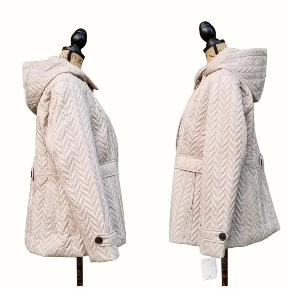 Kate Spade Quilted Moto Jacket Size XL Tan Hooded Coat Water Resistant New